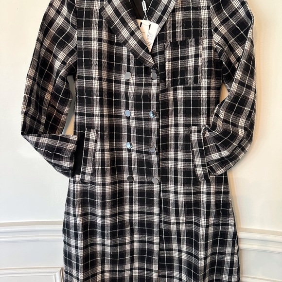 Black & White Plaid Maxi Coat | Double-Breasted, Knit Cuffs, Chic & Timeless - Picture 3 of 9